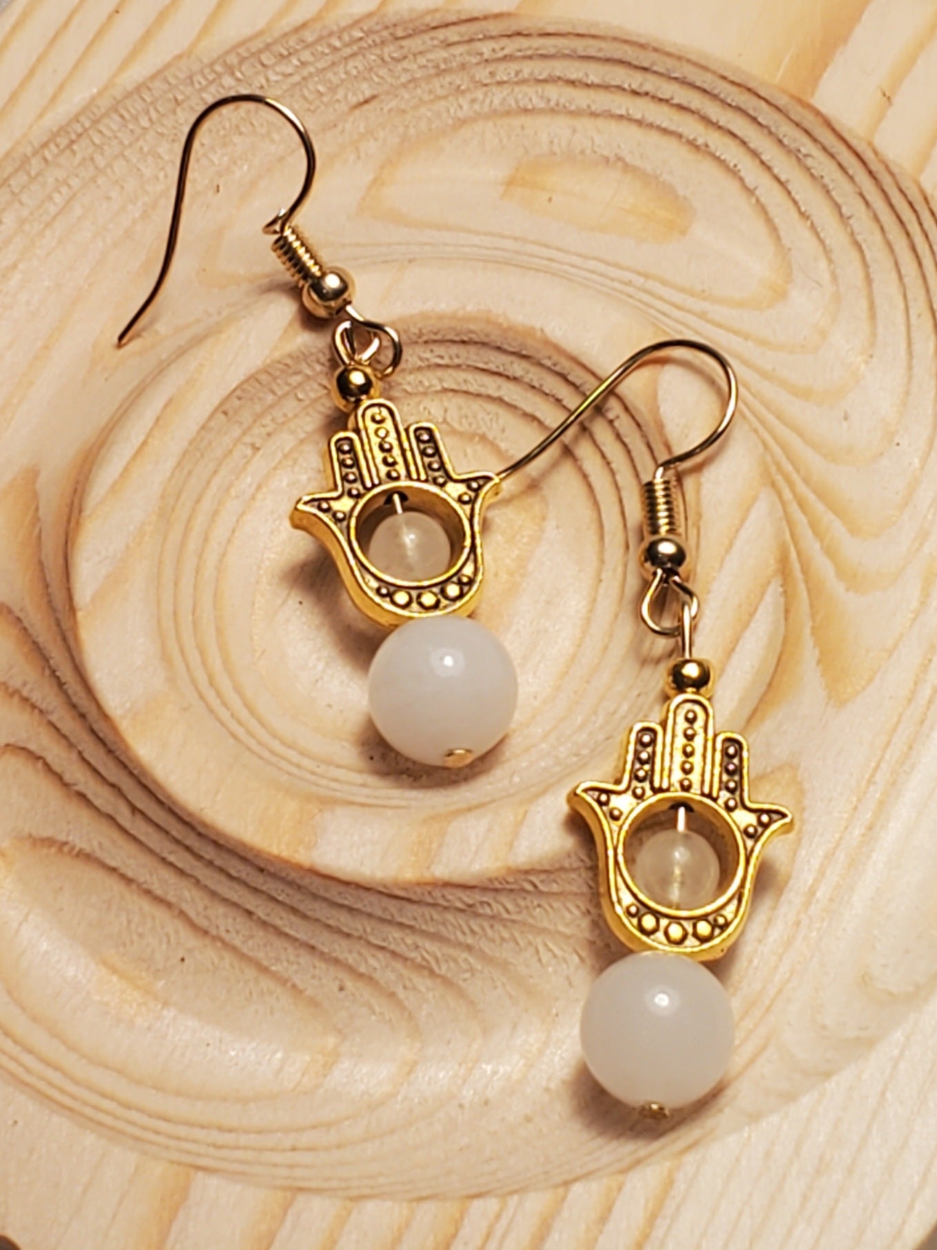 Hamsa White - White Jade & Clear Quartz - Crystal Earrings