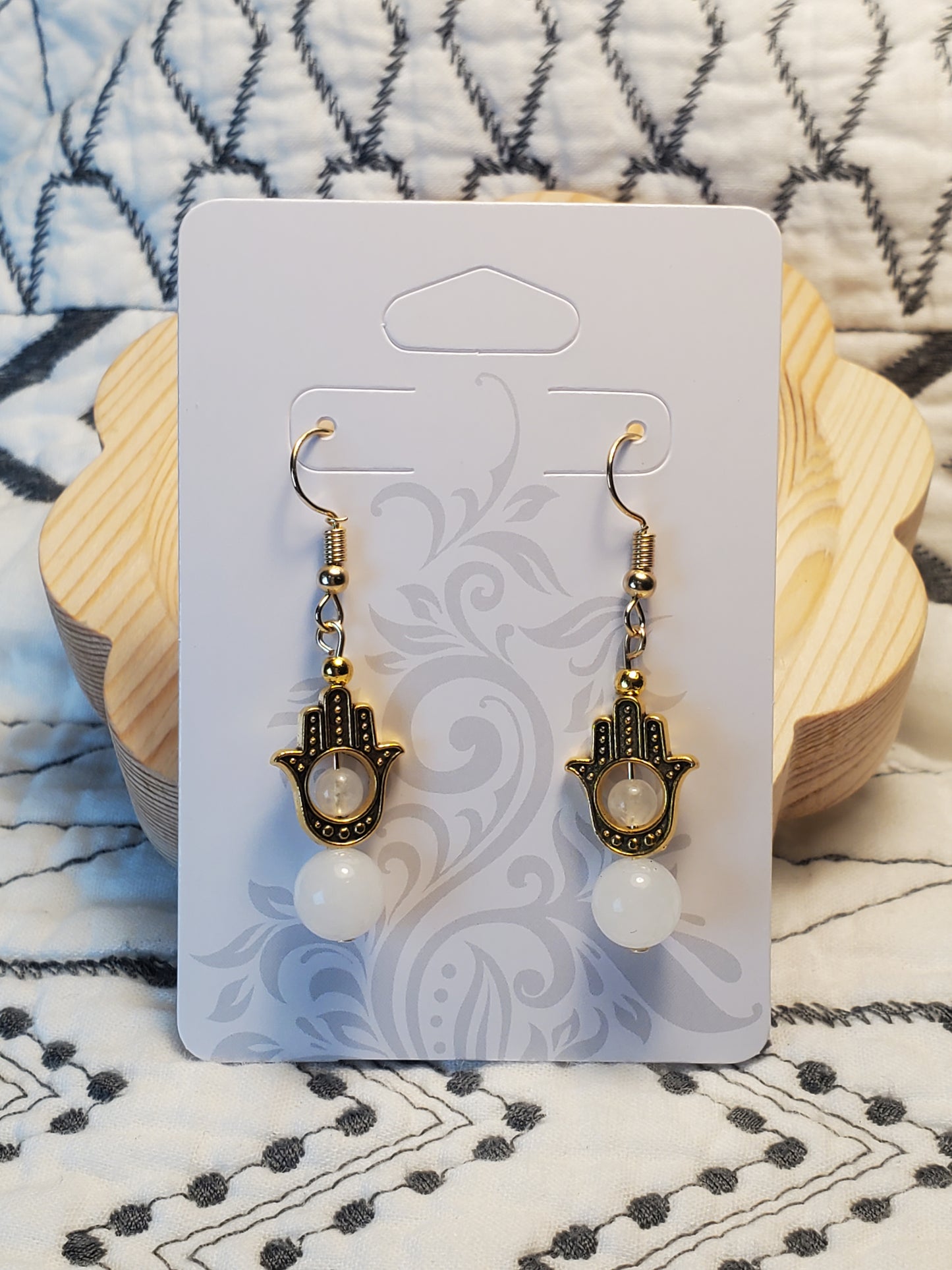 Hamsa White - White Jade & Clear Quartz - Crystal Earrings