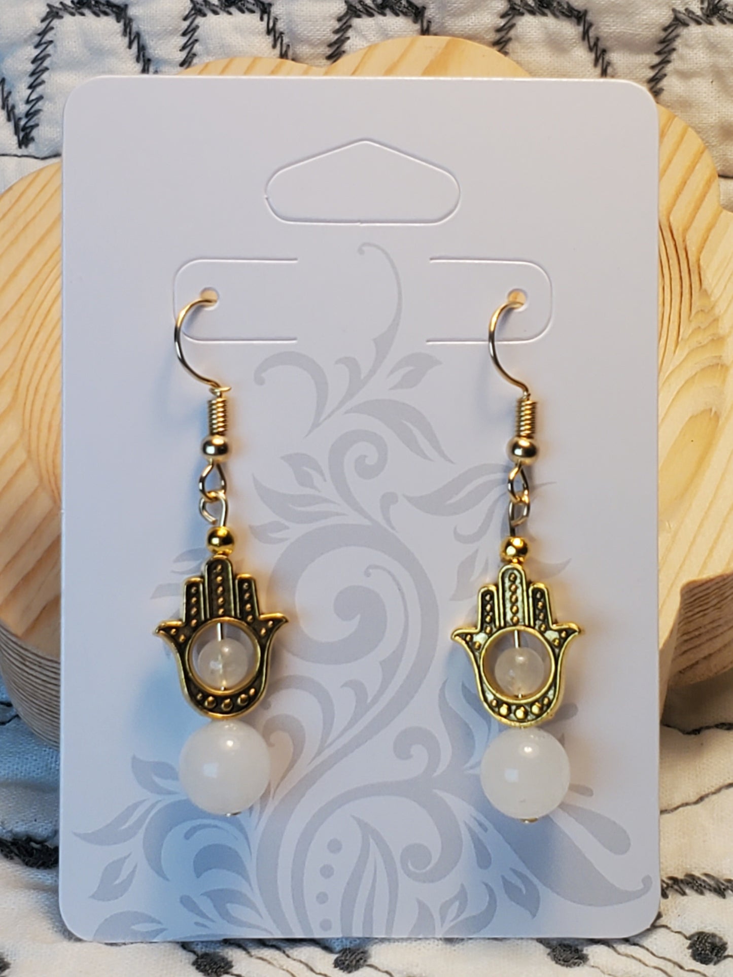 Hamsa White - White Jade & Clear Quartz - Crystal Earrings