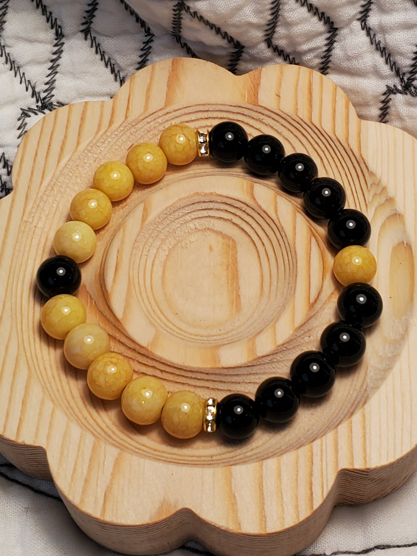Leeton Sleek Yin & Yang - Obsidian & Honey Jade Crystal Bead Bracelet
