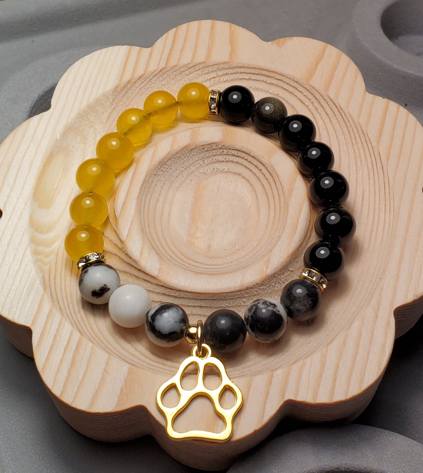 Bulldog Trifecta - Obsidian, Zebra Jasper, Yellow Chalcedony - Crystal Bead Bracelet
