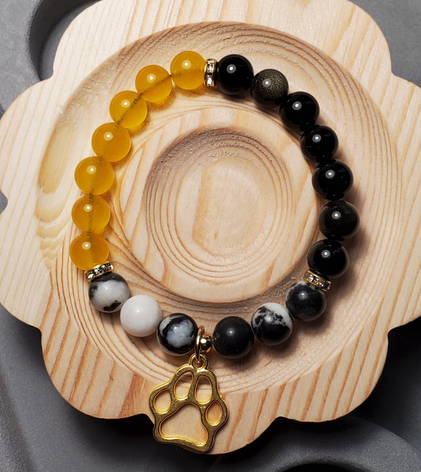 Bulldog Trifecta - Obsidian, Zebra Jasper, Yellow Chalcedony - Crystal Bead Bracelet