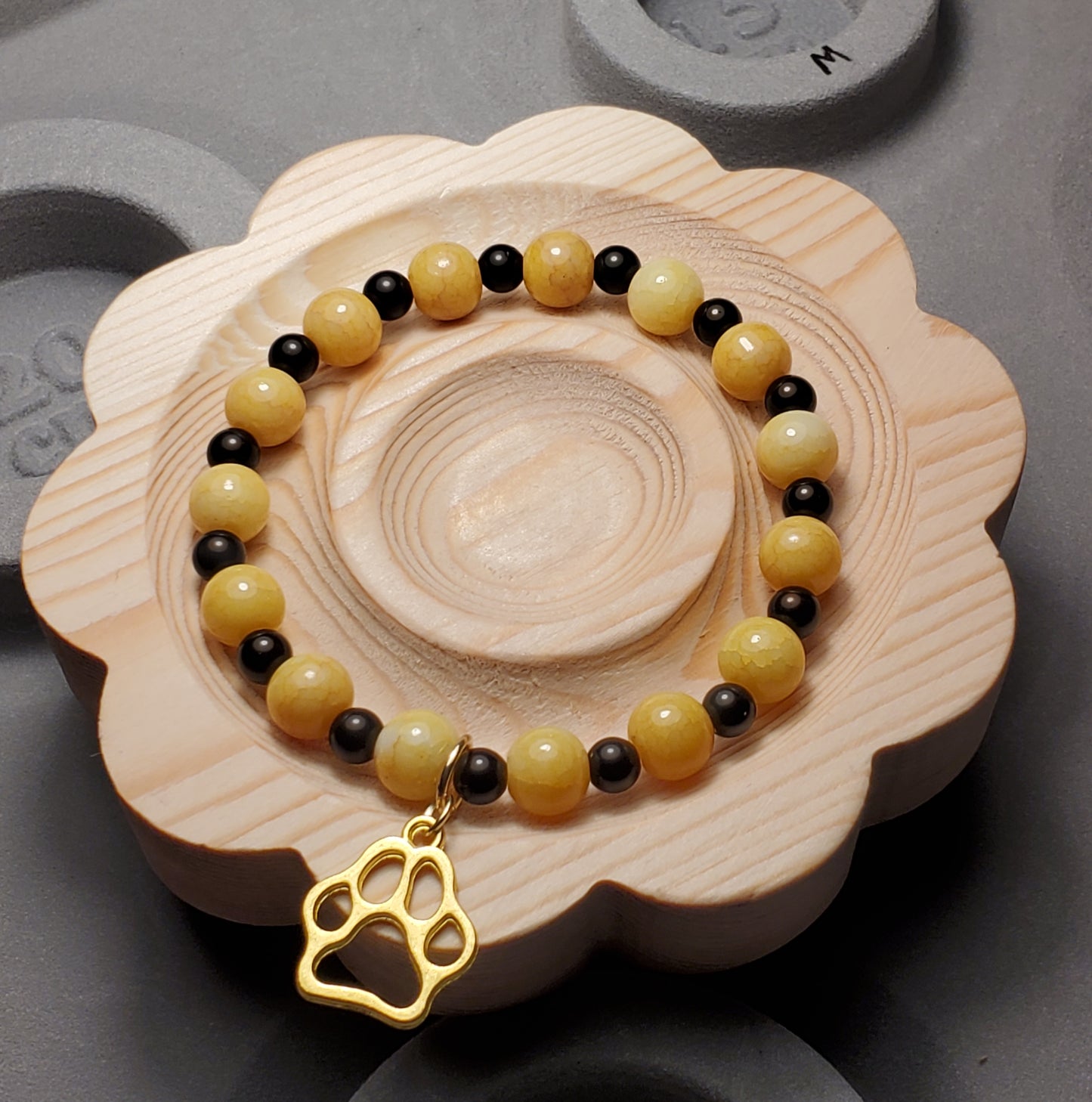 Bulldog Fan w/ Charm - Honey Jade - Real Crystal Bead Bracelet