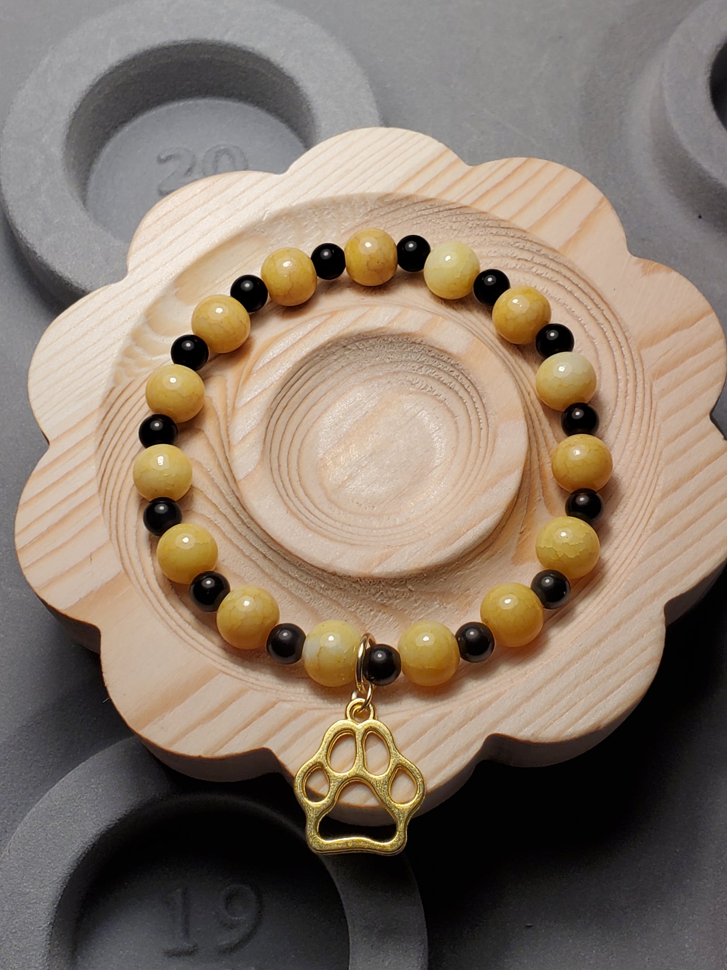 Bulldog Fan w/ Charm - Honey Jade - Real Crystal Bead Bracelet