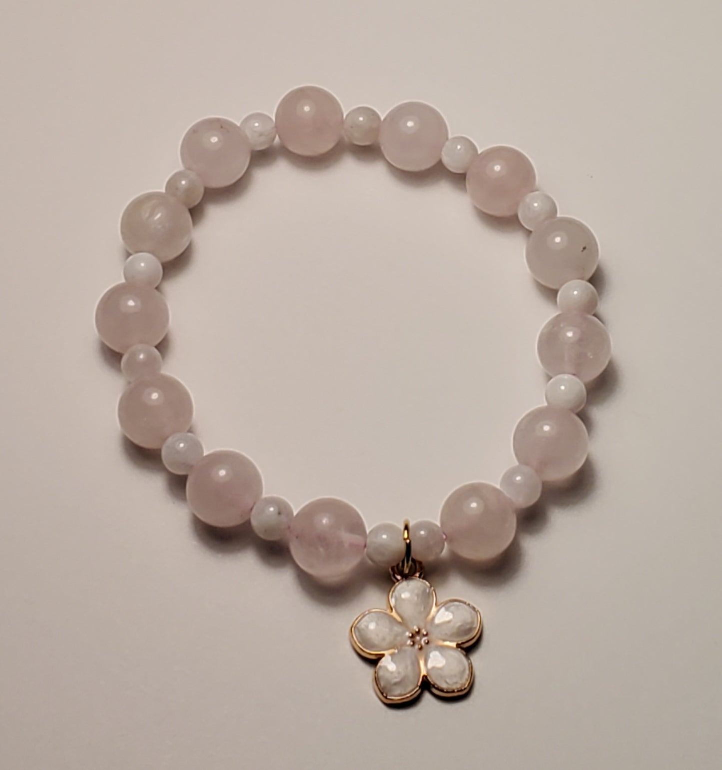 Pink Posie + Charm - Rose Quartz & White Jade - Real Crystal Bead Bracelet