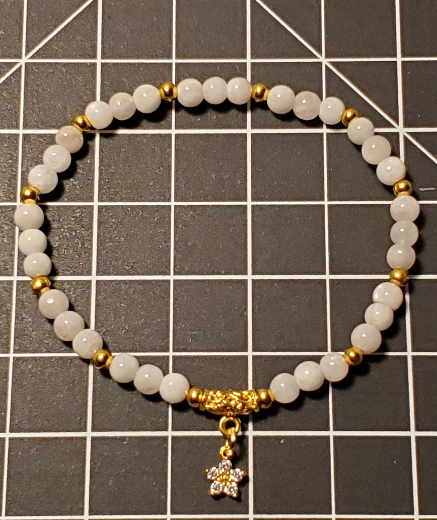 Dainty Moonstone + Flower Charm - White Moonstone - Real Crystal Bead Bracelet