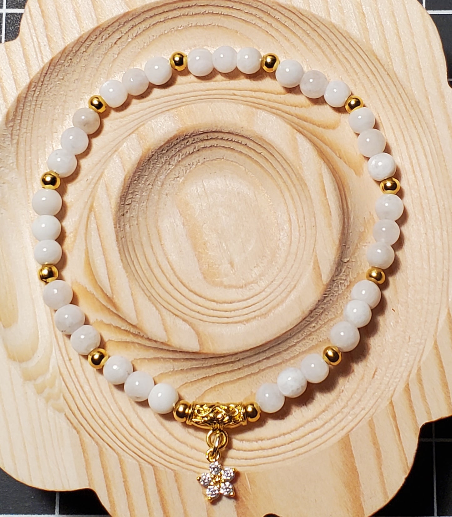 Dainty Moonstone + Flower Charm - White Moonstone - Real Crystal Bead Bracelet