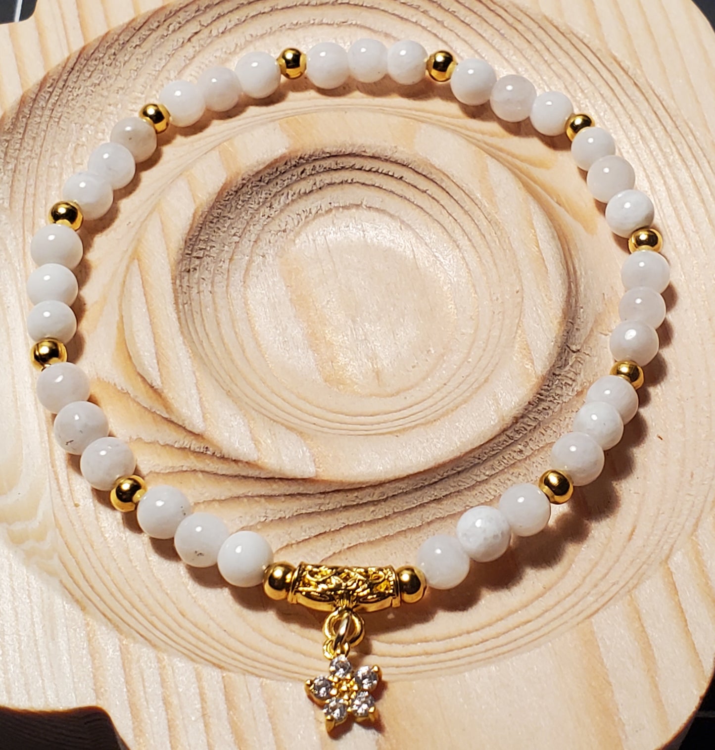 Dainty Moonstone + Flower Charm - White Moonstone - Real Crystal Bead Bracelet