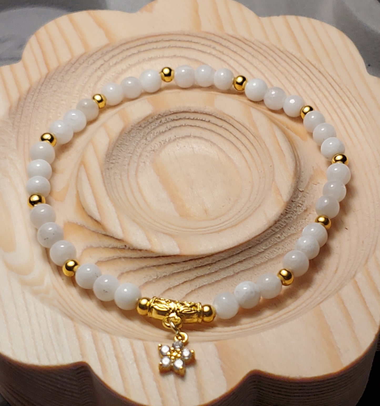 Dainty Moonstone + Flower Charm - White Moonstone - Real Crystal Bead Bracelet