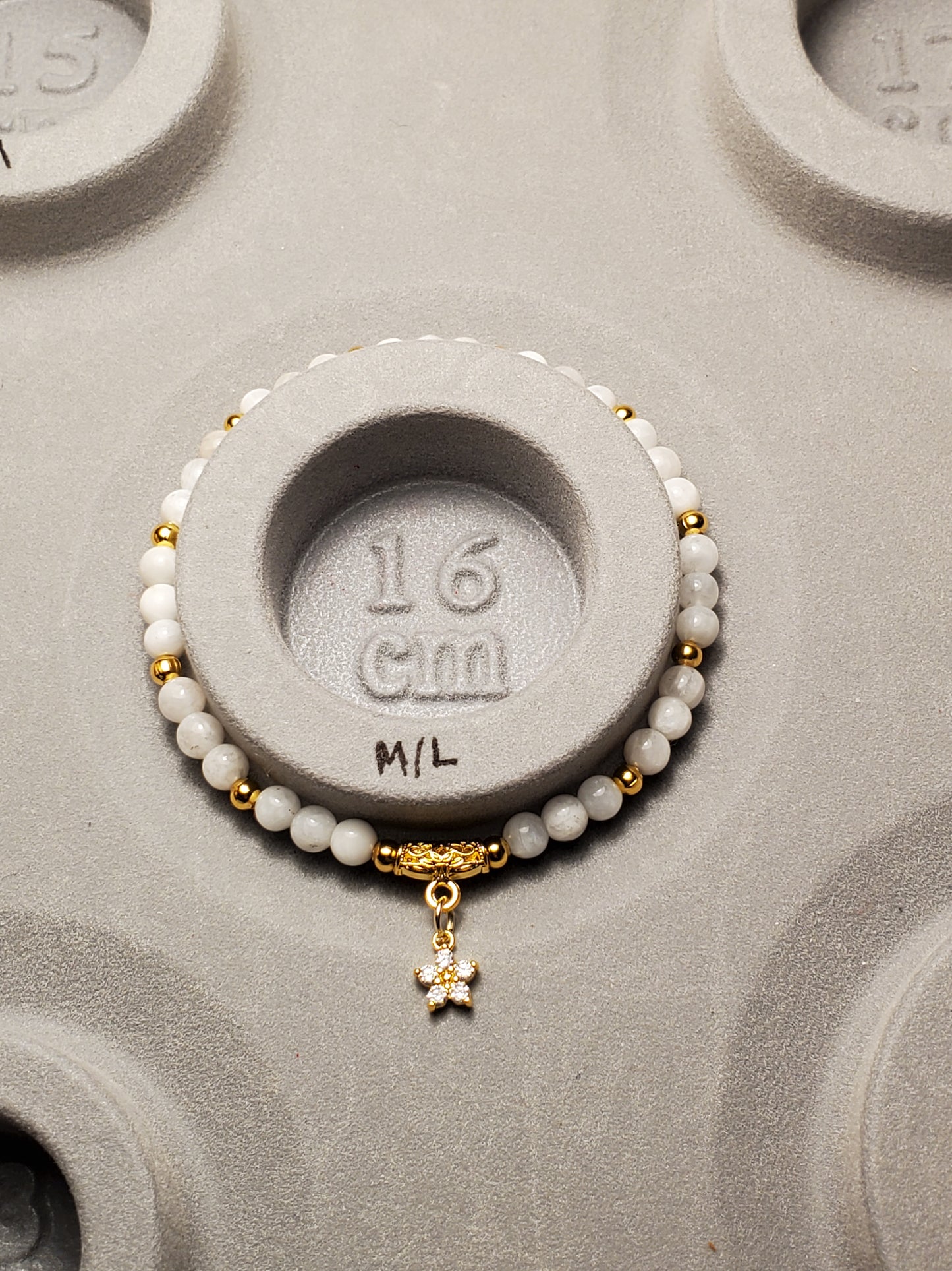 Dainty Moonstone + Flower Charm - White Moonstone - Real Crystal Bead Bracelet