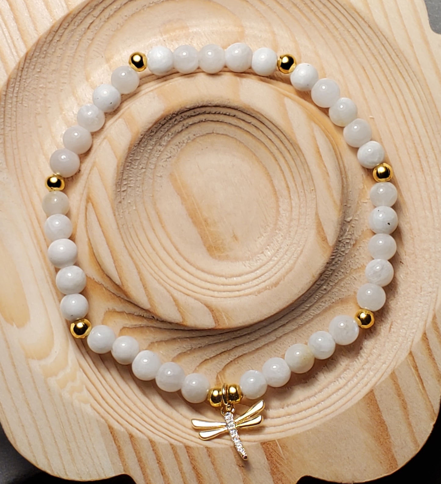 Dainty Moonstone + Dragonfly - White Moonstone - Real Crystal Bead Bracelet