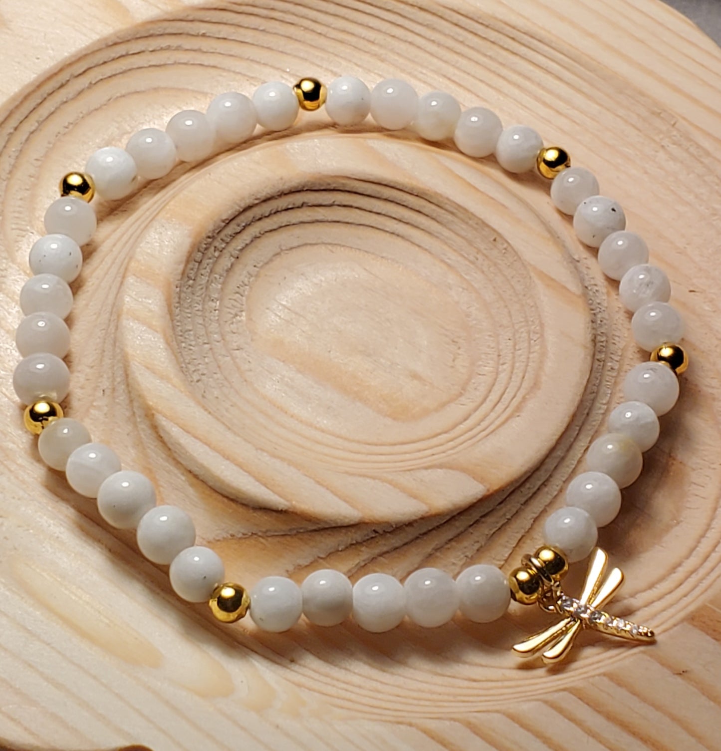 Dainty Moonstone + Dragonfly - White Moonstone - Real Crystal Bead Bracelet