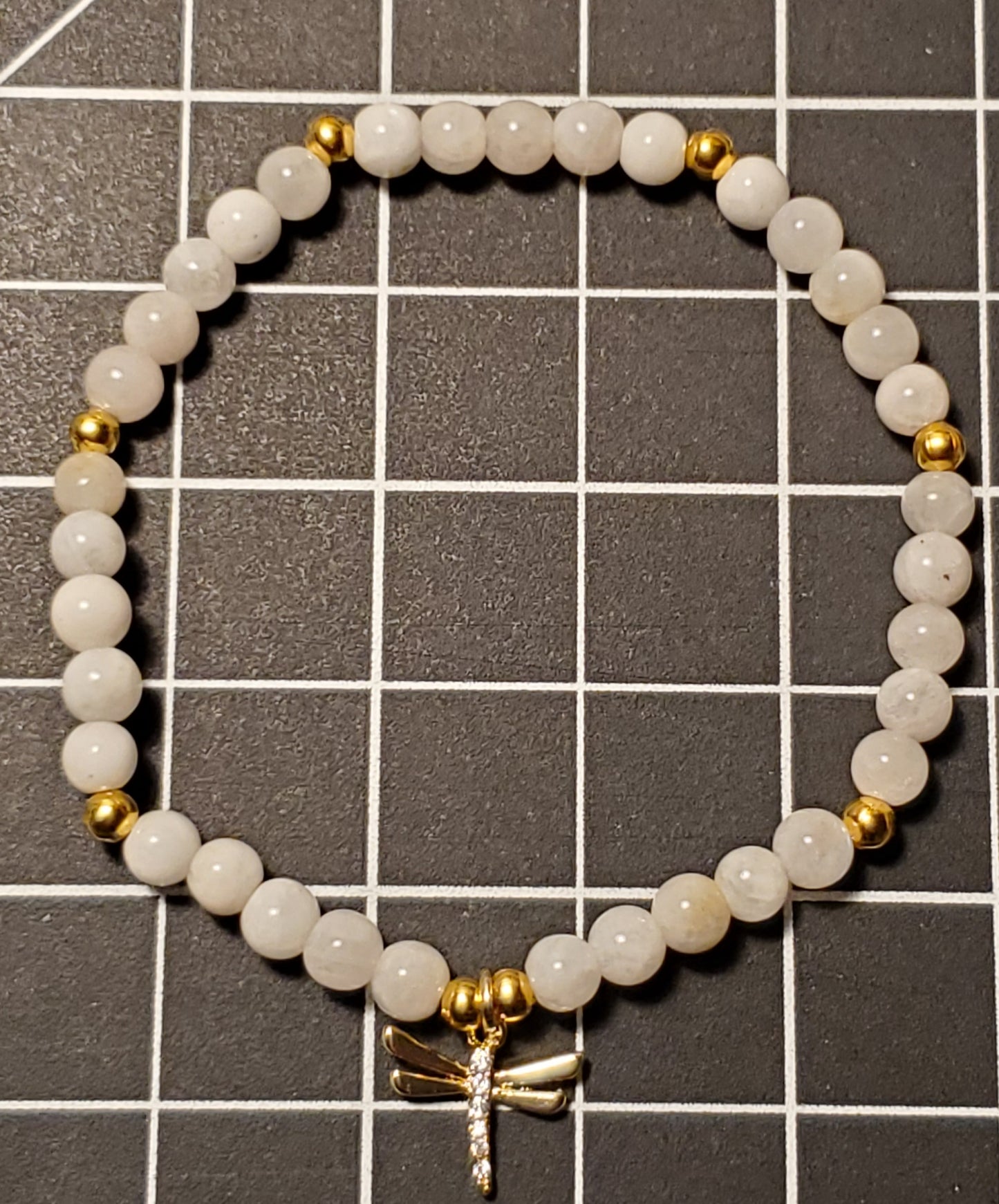 Dainty Moonstone + Dragonfly - White Moonstone - Real Crystal Bead Bracelet
