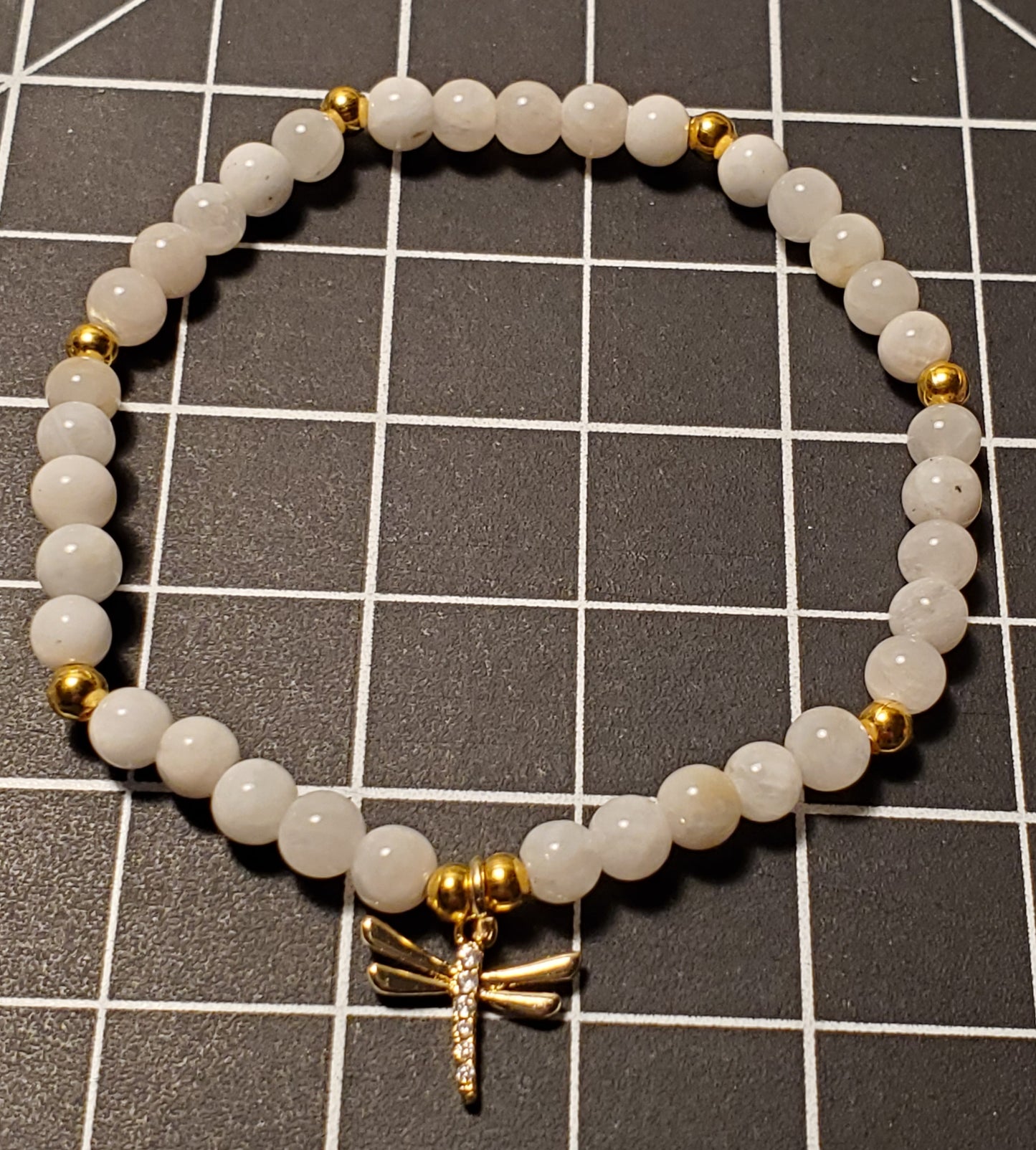 Dainty Moonstone + Dragonfly - White Moonstone - Real Crystal Bead Bracelet