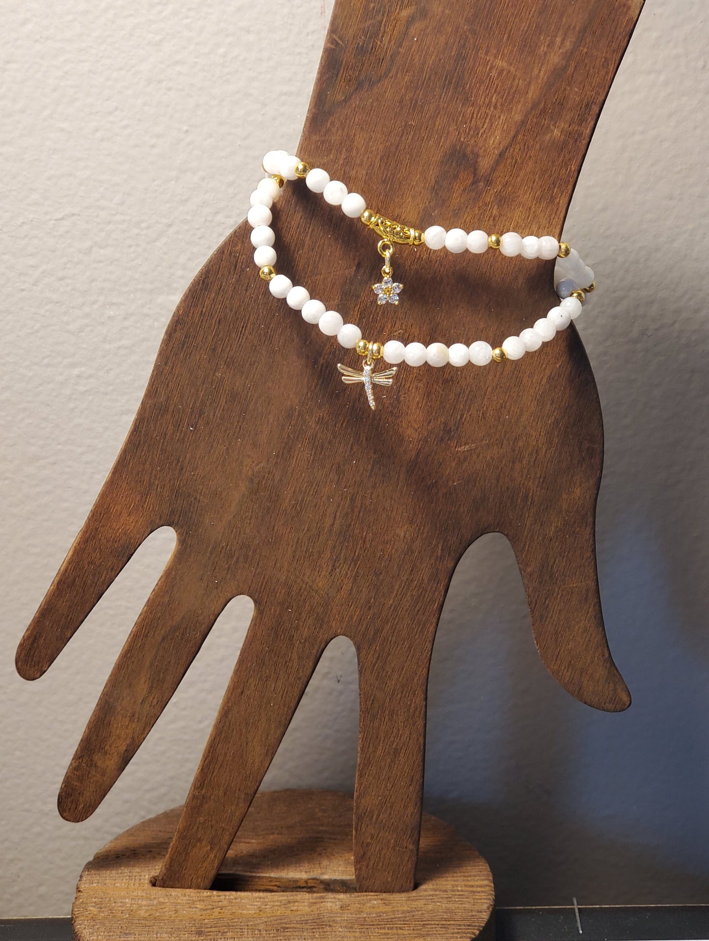 Dainty Moonstone + Flower Charm - White Moonstone - Real Crystal Bead Bracelet