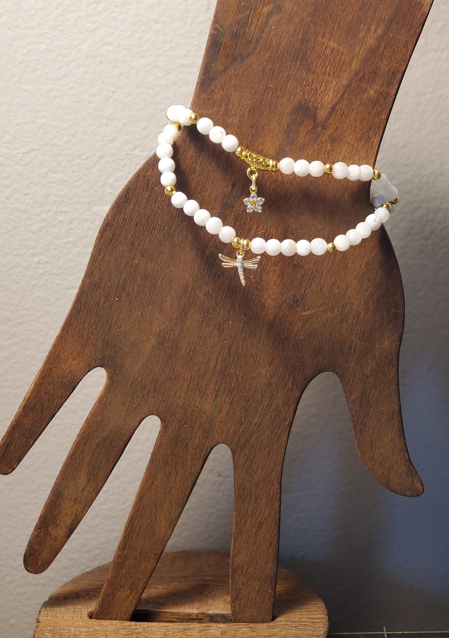 Dainty Moonstone + Dragonfly - White Moonstone - Real Crystal Bead Bracelet