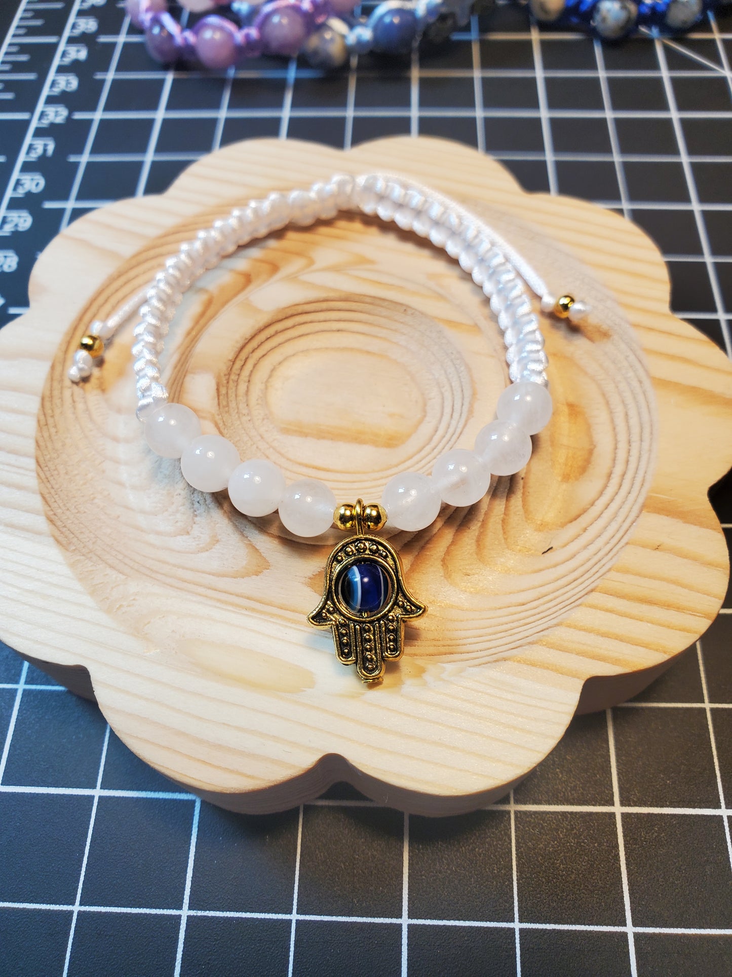 White Jade Hamsa Evil Eye Macrame Bracelet