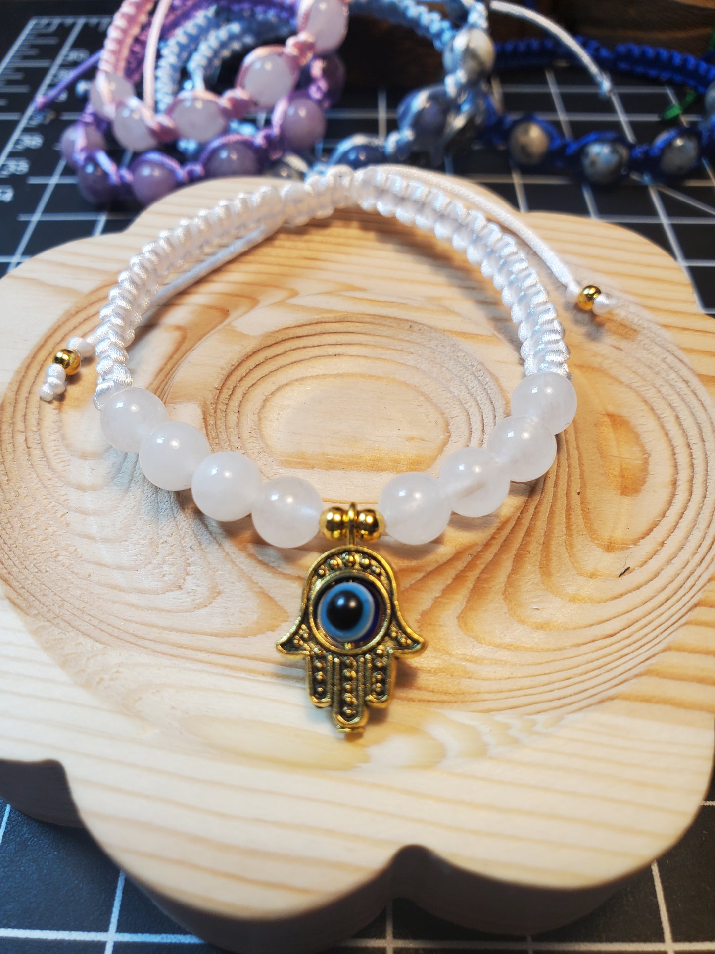 White Jade Hamsa Evil Eye Macrame Bracelet