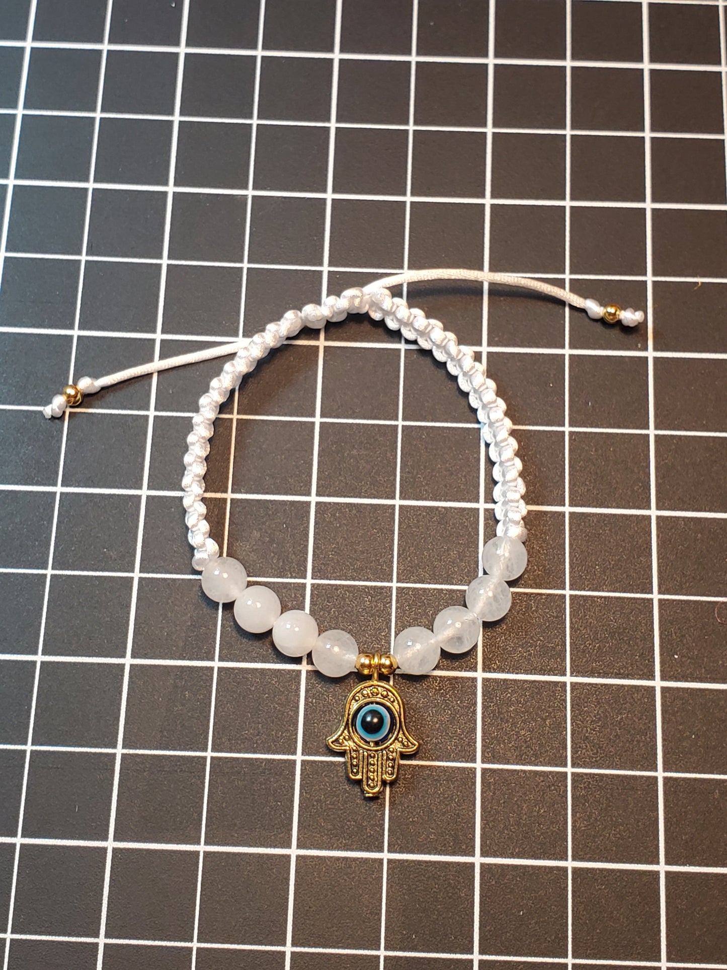 White Jade Hamsa Evil Eye Macrame Bracelet