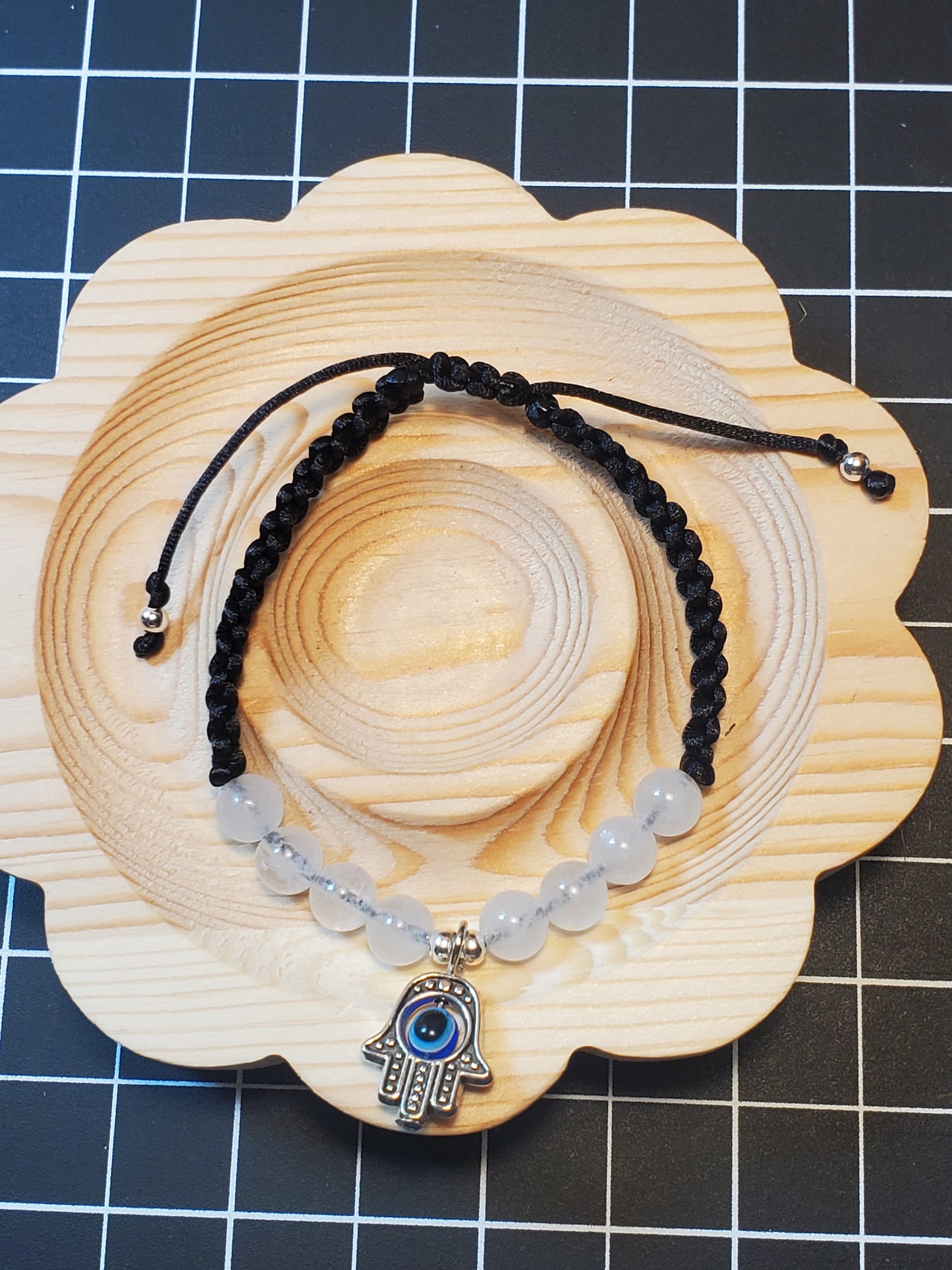 White Jade Hamsa Evil Eye Macrame Bracelet