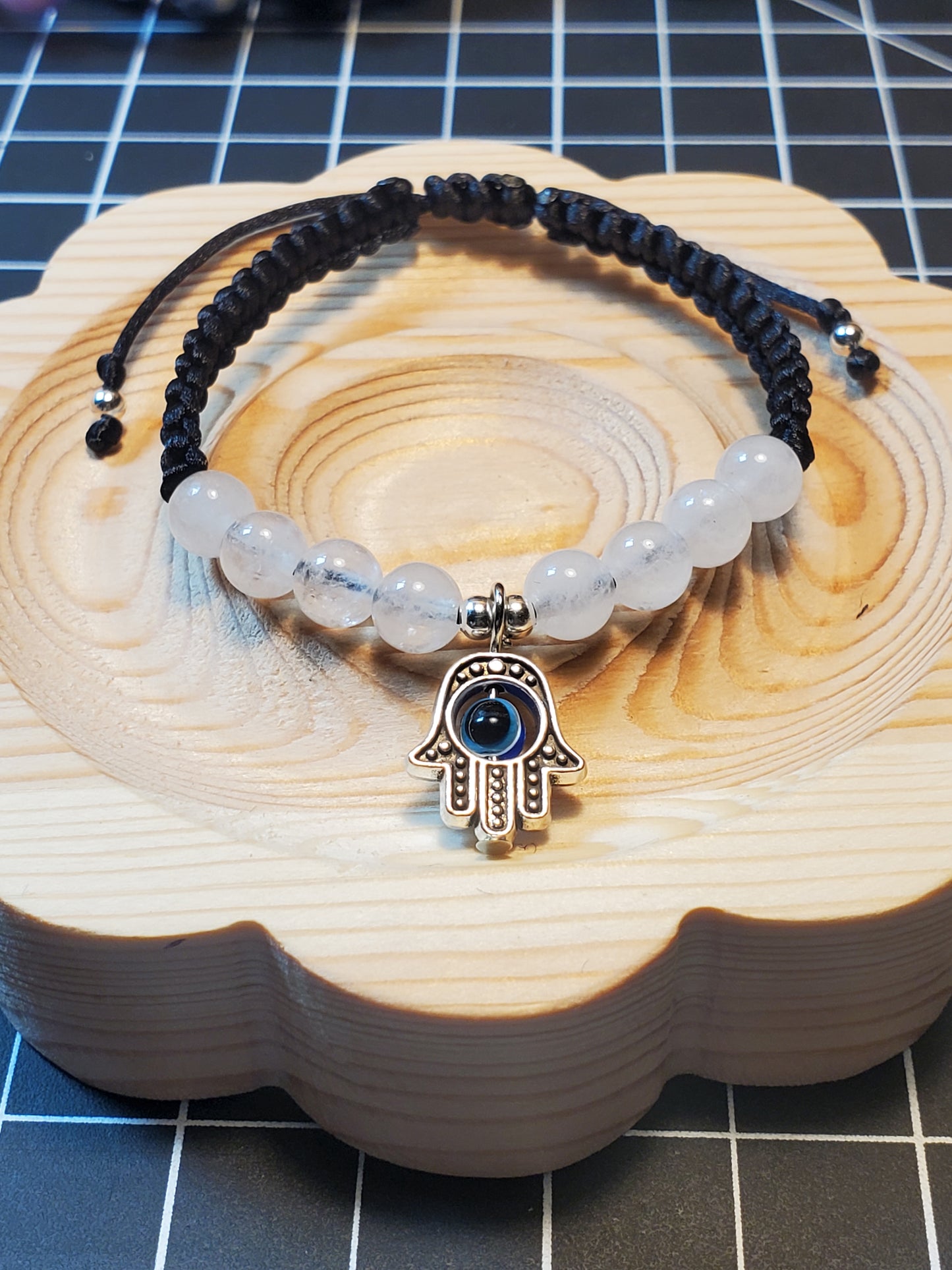 White Jade Hamsa Evil Eye Macrame Bracelet