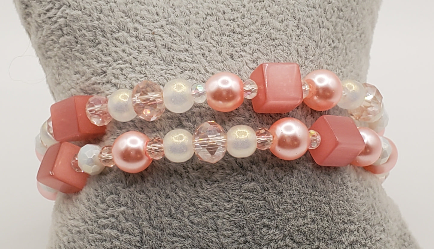 Pretty in Pink Double Wrap Memory Wire Bracelet & Earrings Set