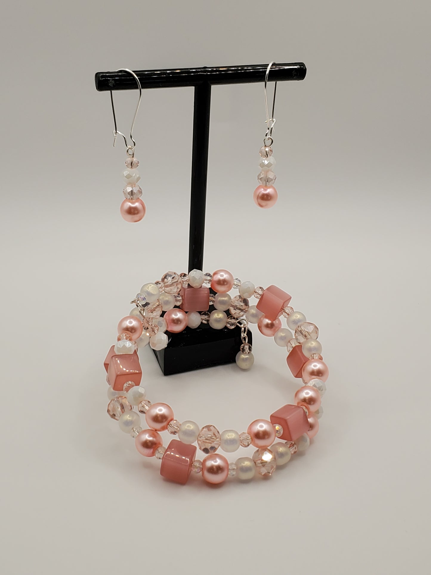 Pretty in Pink Double Wrap Memory Wire Bracelet & Earrings Set