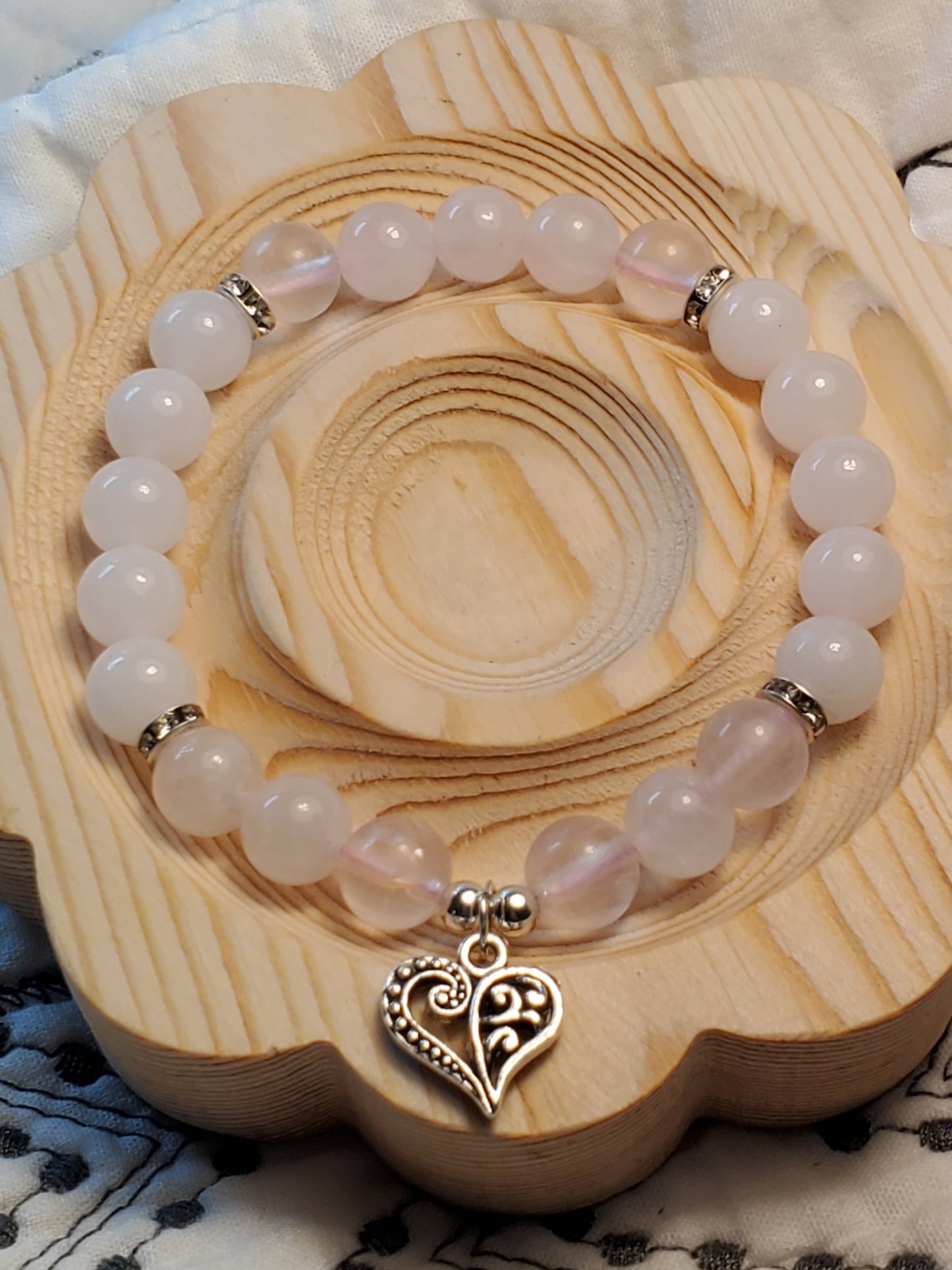 Rose Heart - Rose Quartz & White Jade - Real Crystal Bead Bracelet