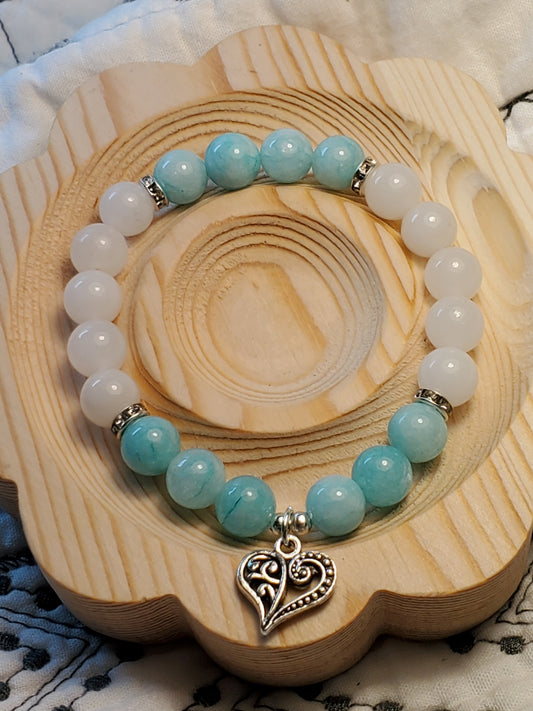 Teal Heart - Jade - Real Crystal Bead Bracelet