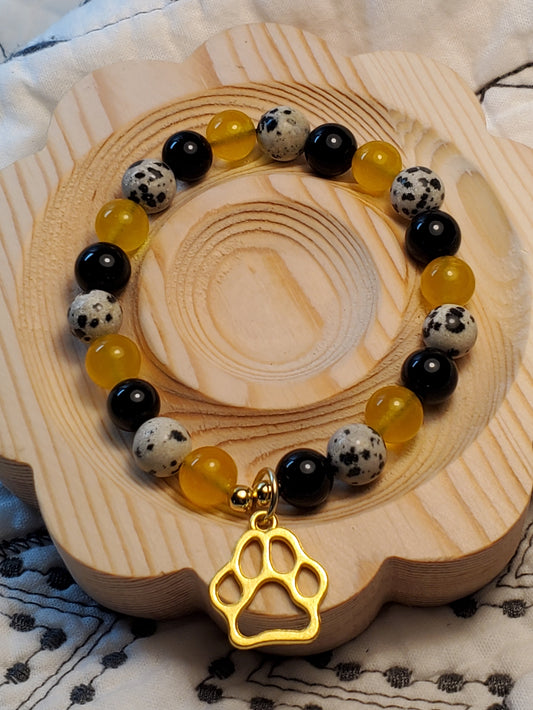 OG Bulldog Fan with Paw Print Charm - Real Crystal Bead Bracelet