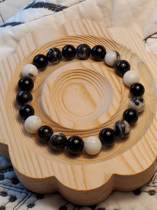 Zebra - Black & White Zebra and Obsidian - Crystal Bead Bracelet