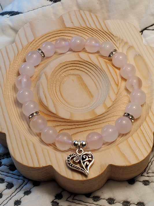 Rose Heart - Rose Quartz- Real Crystal Bead Bracelet