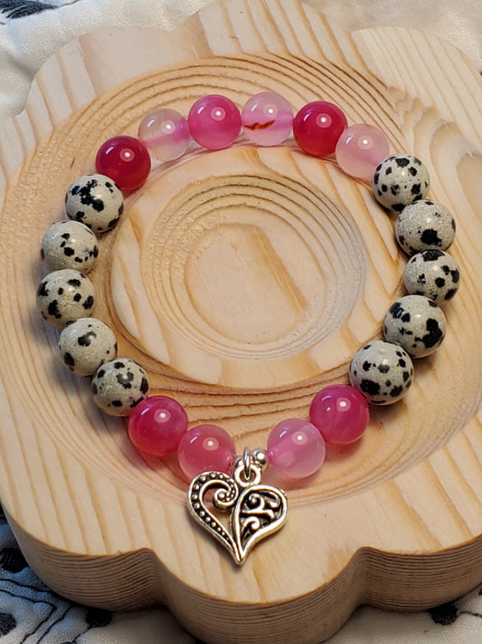 Pink Dalmatian Heart - Pink Agate & Dalmatian Jasper - Real Crystal Bead Bracelet