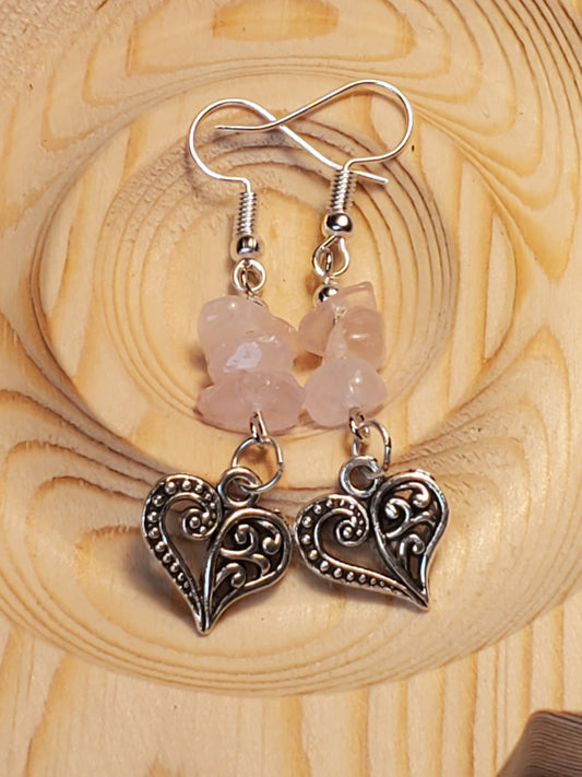 Rose Chip Hearts - Rose Quartz - Crystal Chip Earrings