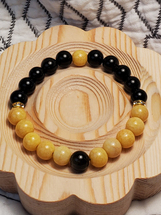 Leeton Sleek Yin & Yang - Obsidian  & Honey Jade Crystal Bead Bracelet