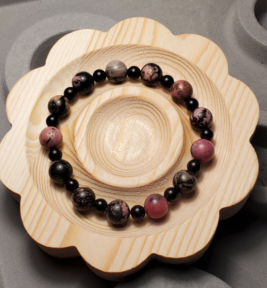 Rhodonite  & Black Agate - Crystal Bead Bracelet