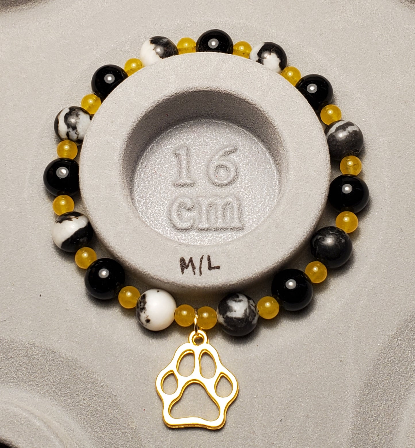 Black & Yellow + Pawprint Charm - Zebra & Chalcedony - Crystal Bead Bracelet