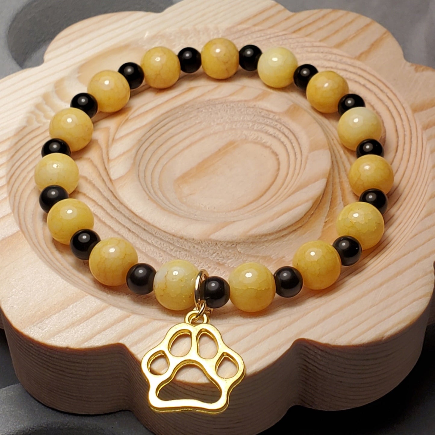 Bulldog Fan w/ Charm - Honey Jade - Real Crystal Bead Bracelet