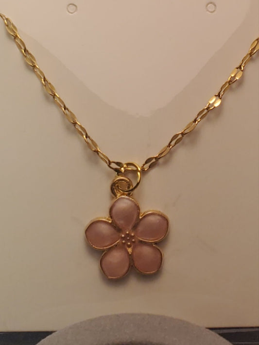 Pink Flower 16" Gold Stainless Steel Necklace