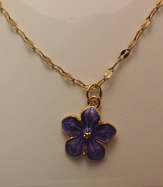 Purple Flower 16" Gold Stainless Steel Necklace