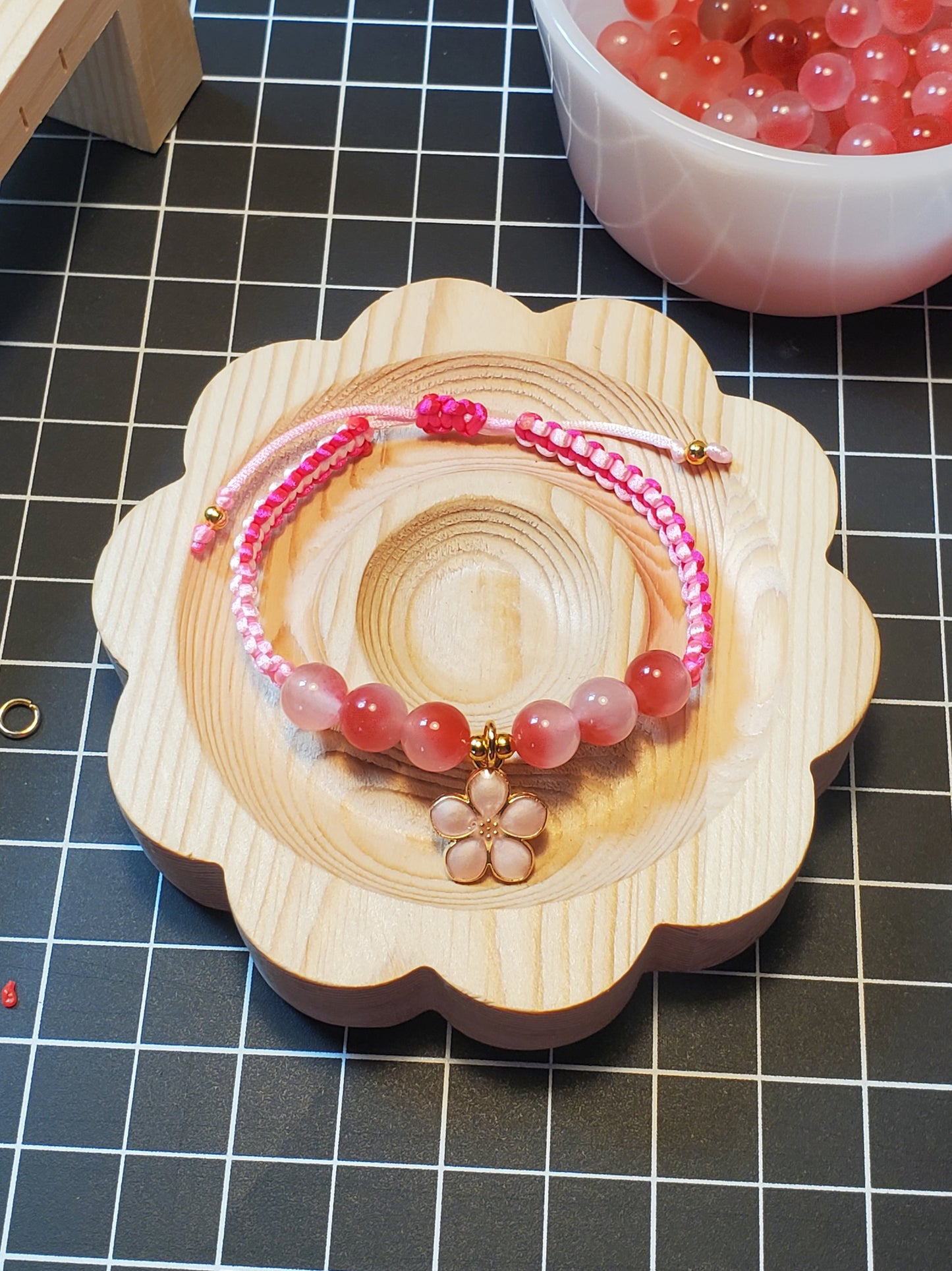 Peach Blossom Agate Macrame Charm Bracelet