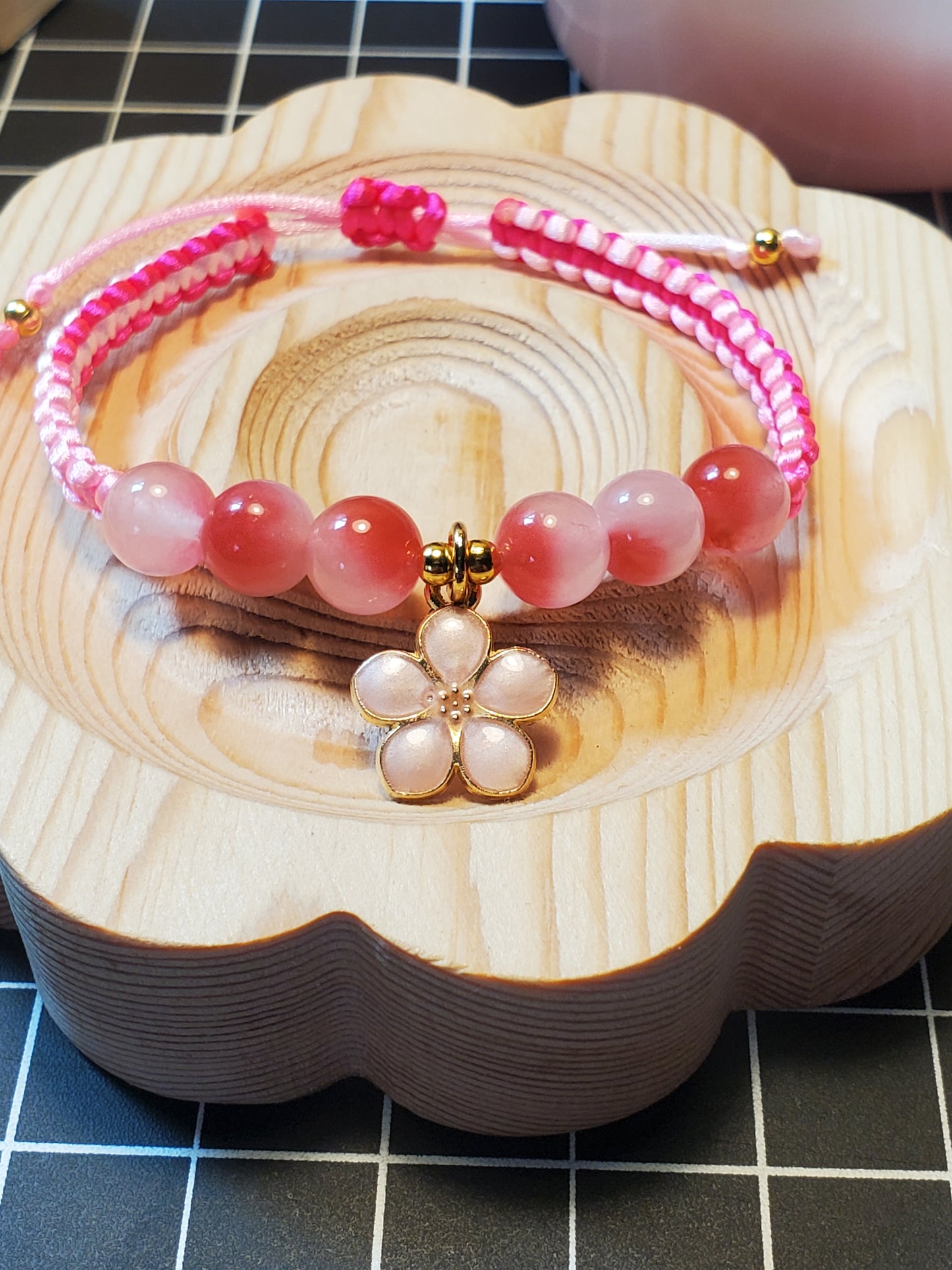 Peach Blossom Agate Macrame Charm Bracelet