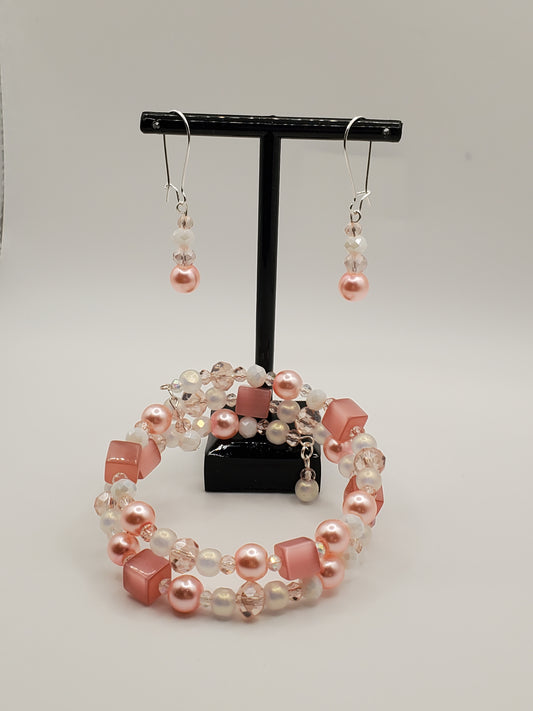 Pretty in Pink Double Wrap Memory Wire Bracelet & Earrings Set