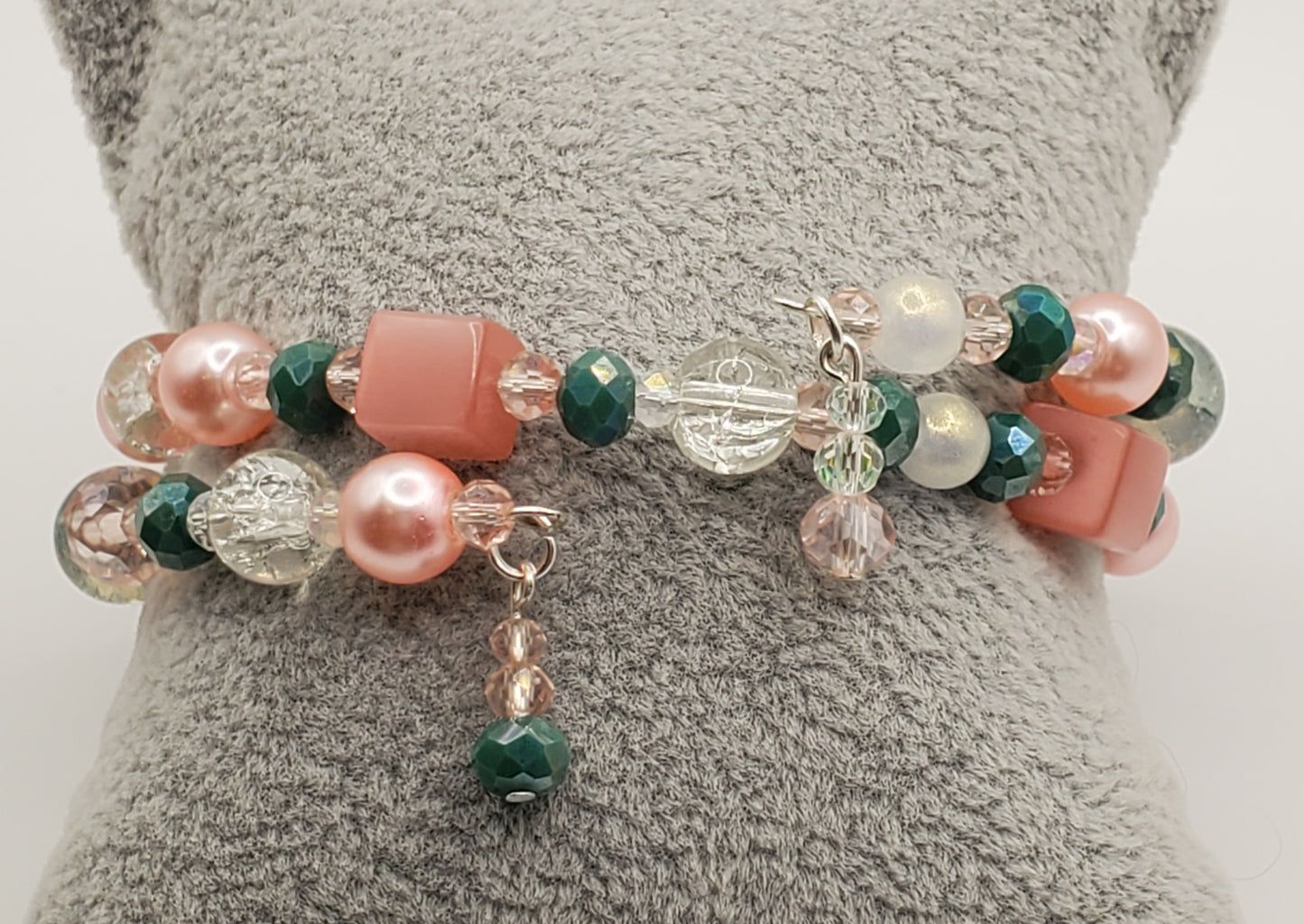 Pink & Green Double Wrap Memory Wire Bracelet