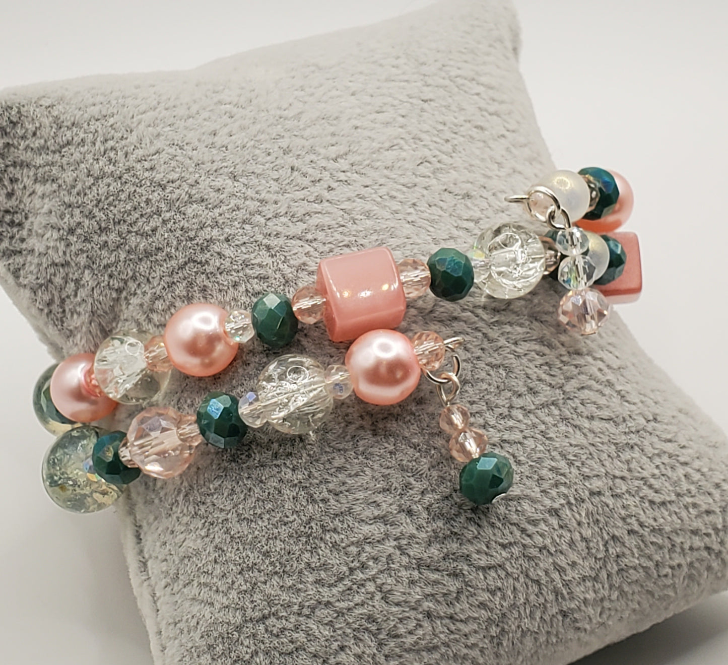 Pink & Green Double Wrap Memory Wire Bracelet