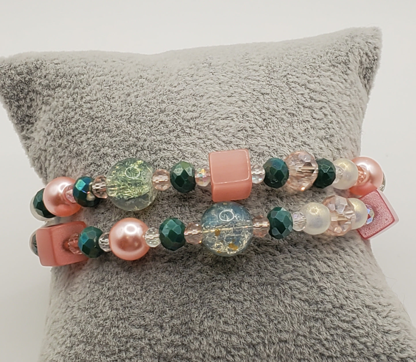 Pink & Green Double Wrap Memory Wire Bracelet