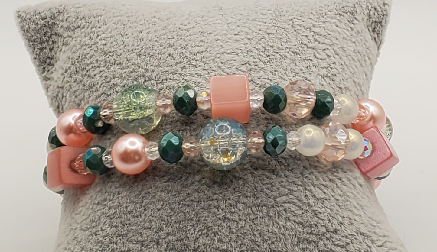 Pink & Green Double Wrap Memory Wire Bracelet