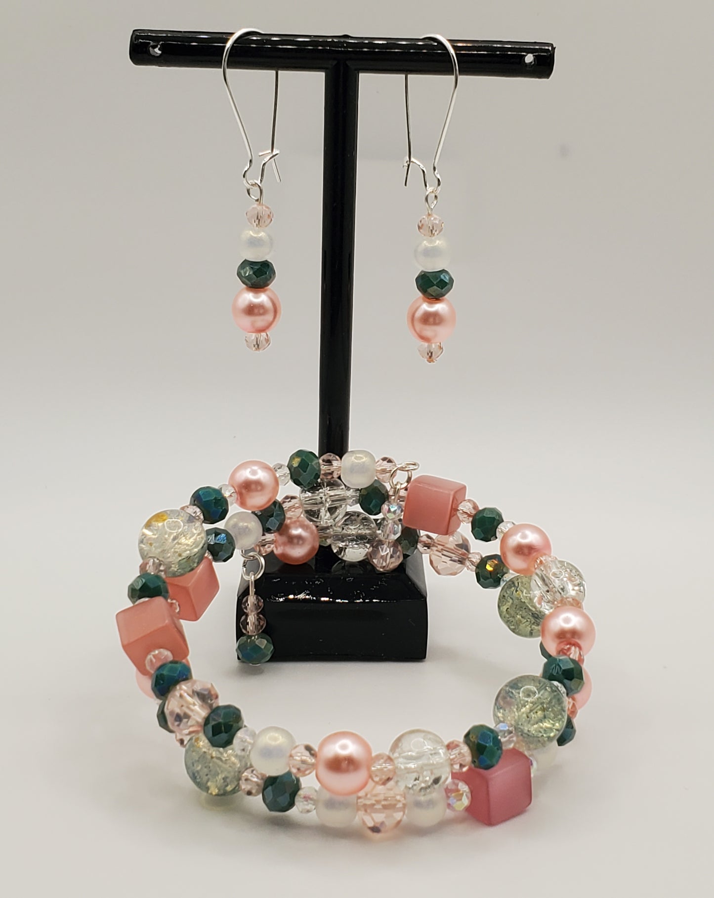 Pink & Green Double Wrap Memory Wire Bracelet & Earring Set