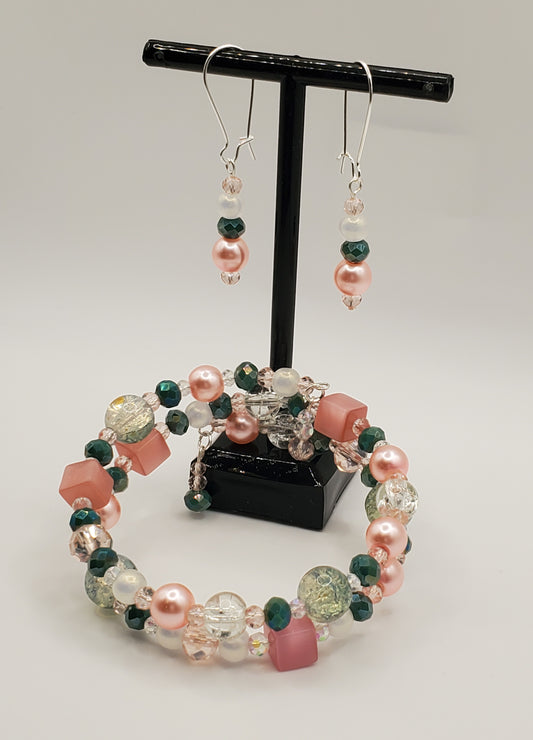 Pink & Green Double Wrap Memory Wire Bracelet & Earring Set