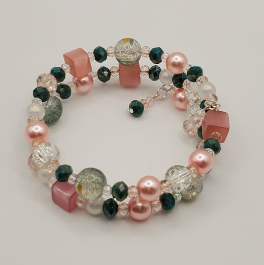 Pink & Green Double Wrap Memory Wire Bracelet